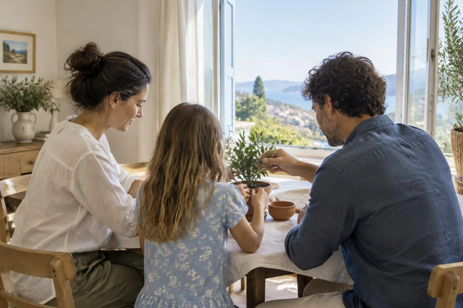 Deux adultes et un enfant réunis autour d’une plante dans un intérieur familial